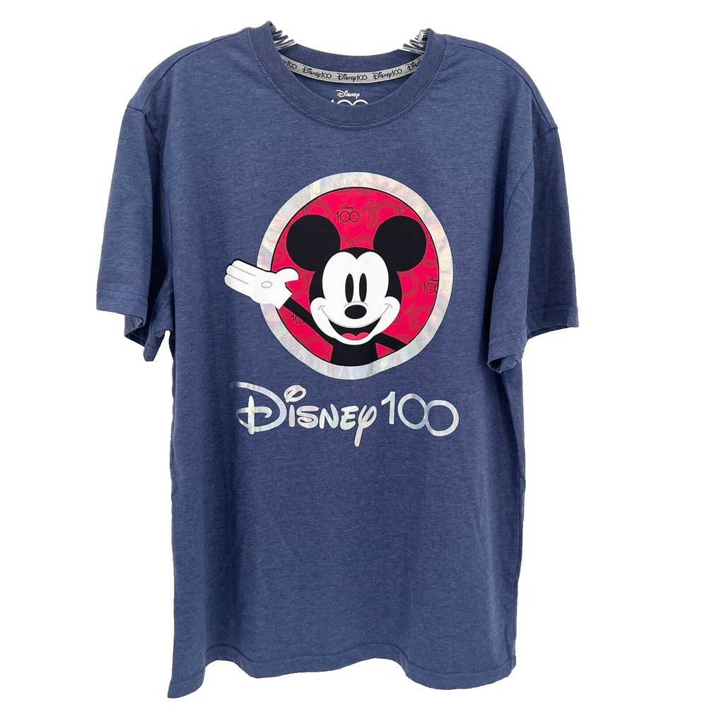 DISNEY Adult Size M Blue Metallic Foil Mickey Mouse 100 Year Anniversary T-Shirt